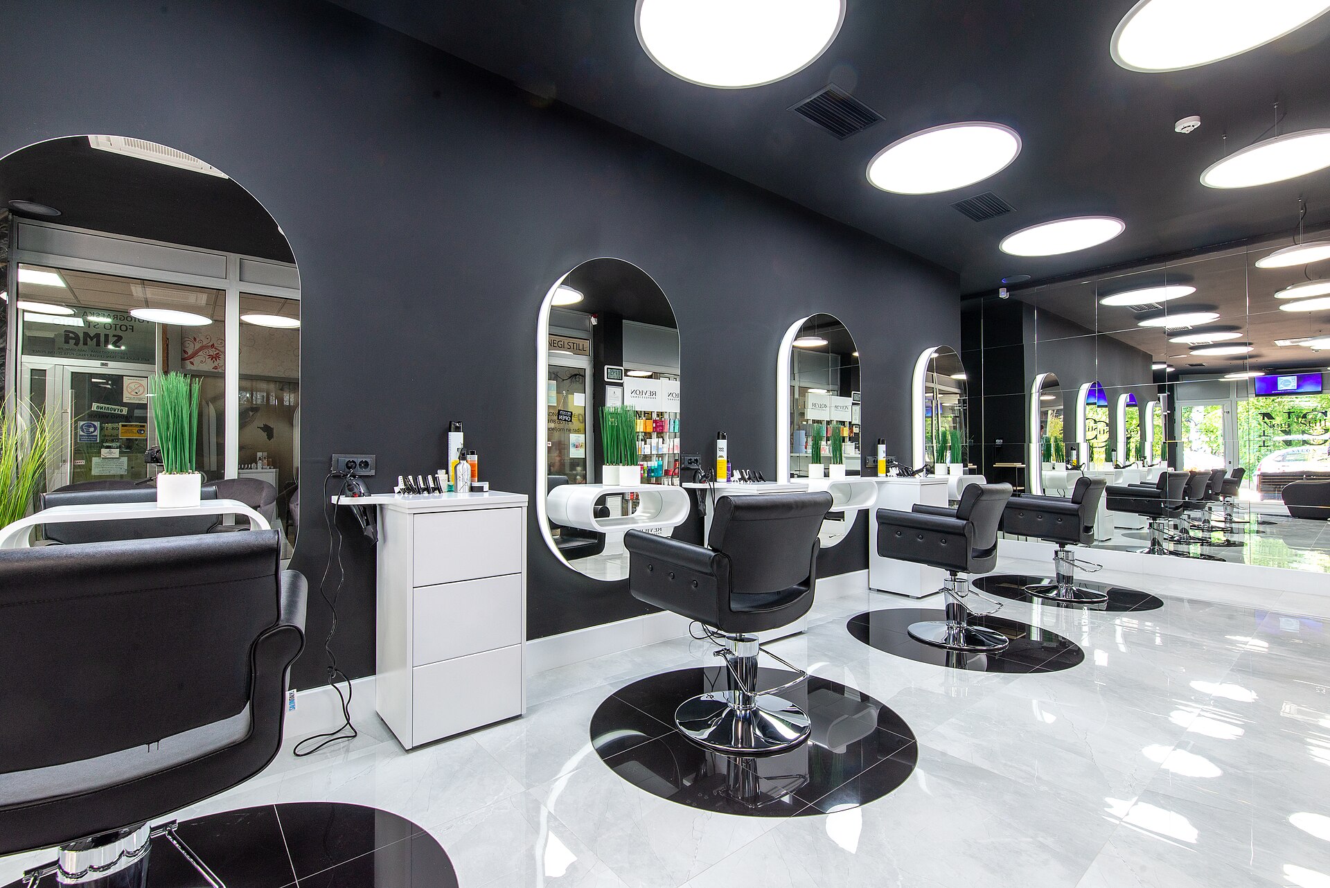 Interior of a modern salon with styling stations